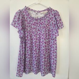 LOFT Purple Pink Paisley Flutter-Sleeve Blouse (Size Large)